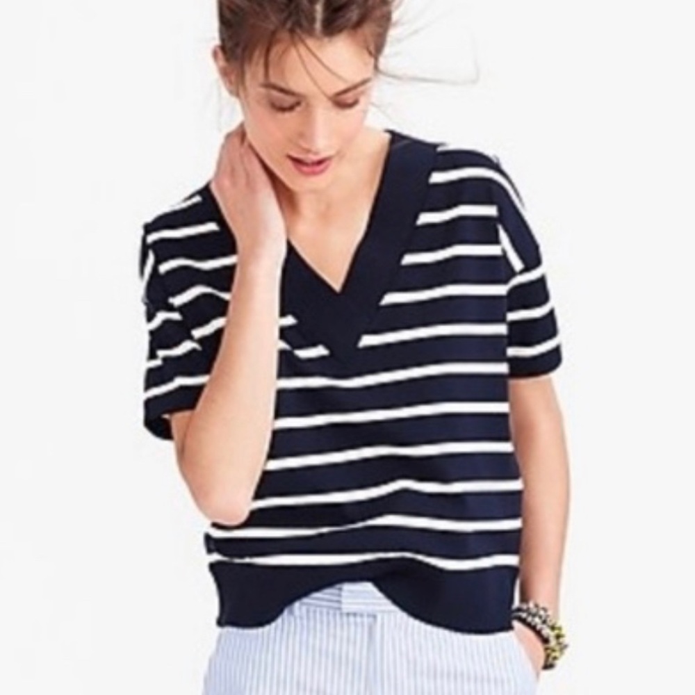 J. Crew Navy & White Striped Short-Sleeve V-Neck Size L